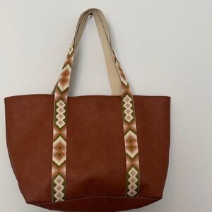 Sonoma Brown Leather-Style Tote Bag with Patterned Straps